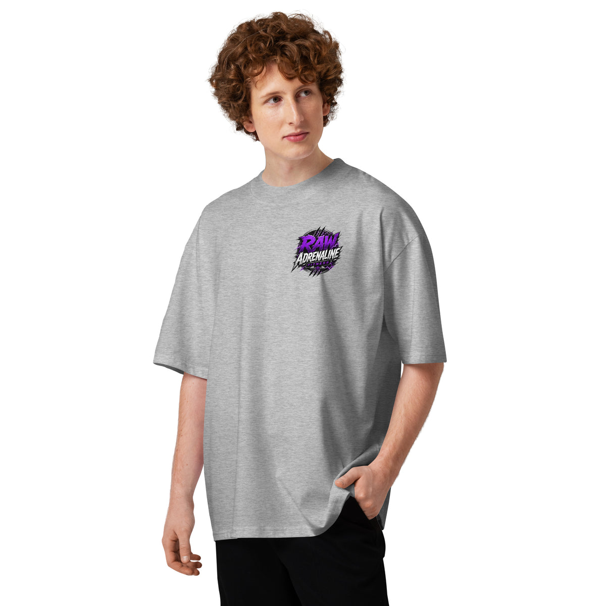 Raw Adrenaline Purple Storm T-shirt in heather grey, front view