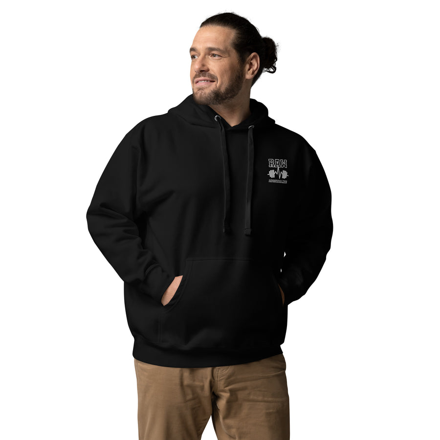 Raw Adrenaline Dumbbell Unisex Hoodie in Black, front view