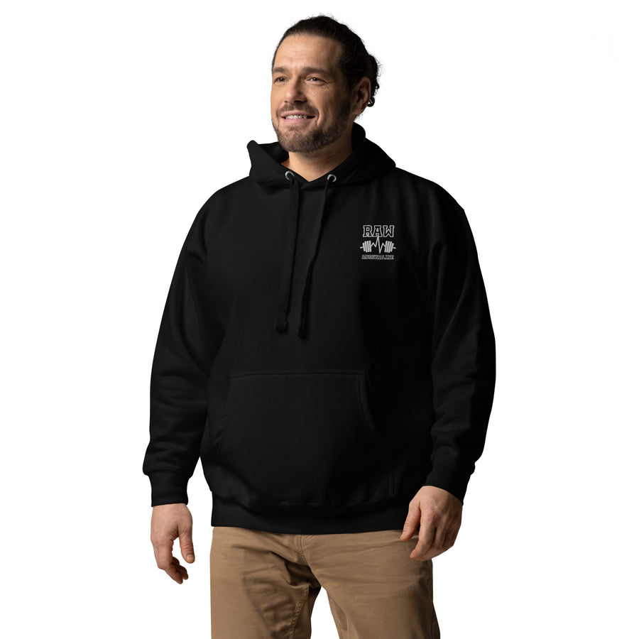 Raw Adrenaline Dumbbell Unisex Hoodie in Black, left front view