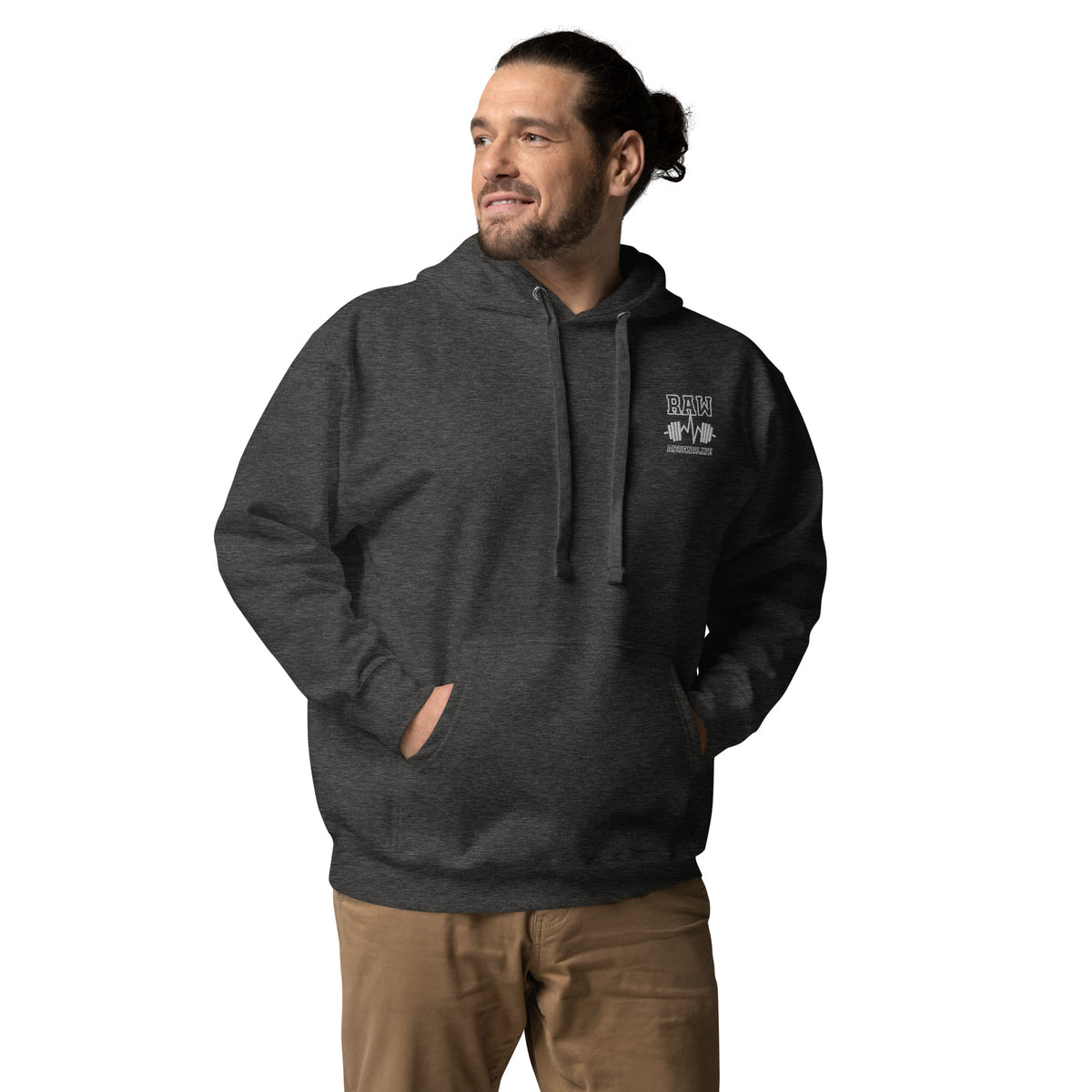 Raw Adrenaline Dumbbell Unisex Hoodie in Charcoal Heather, front view