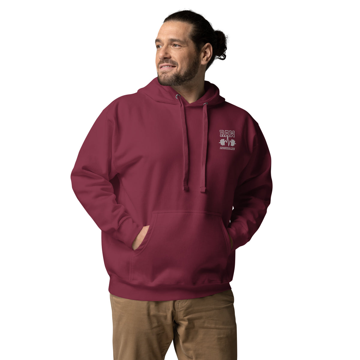 Raw Adrenaline Dumbbell Unisex Hoodie in Maroon, front view