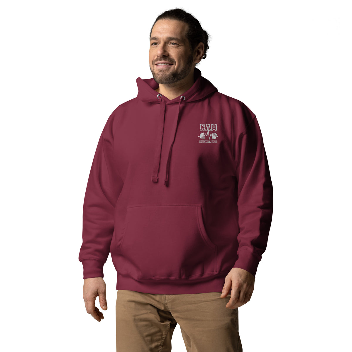 Raw Adrenaline Dumbbell Unisex Hoodie in Maroon, left front view
