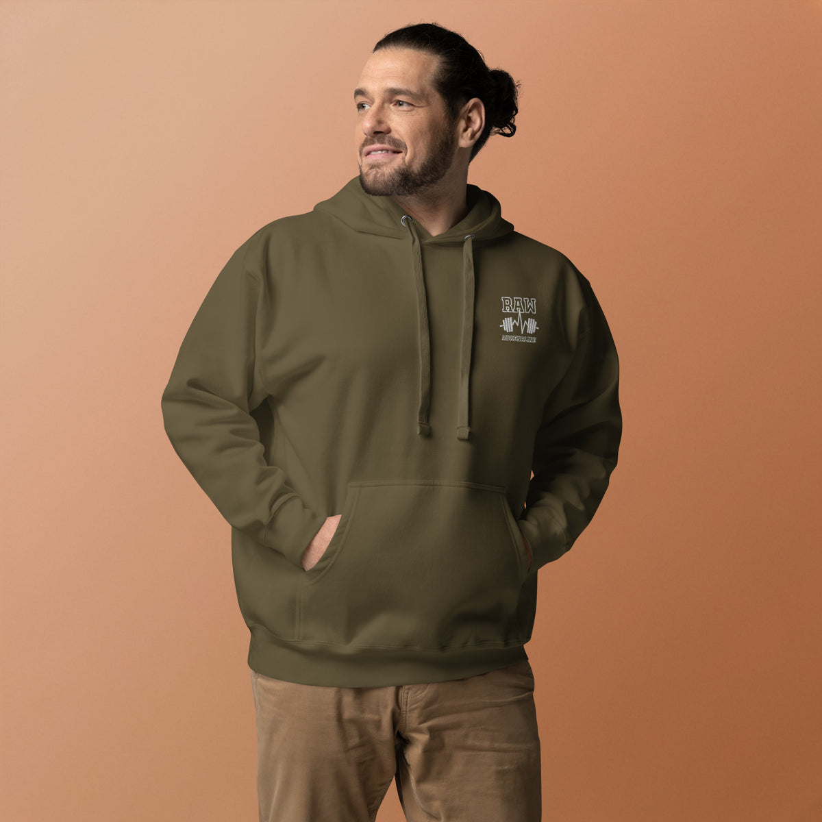 Raw Adrenaline Dumbbell Unisex Hoodie in Military Green, front view