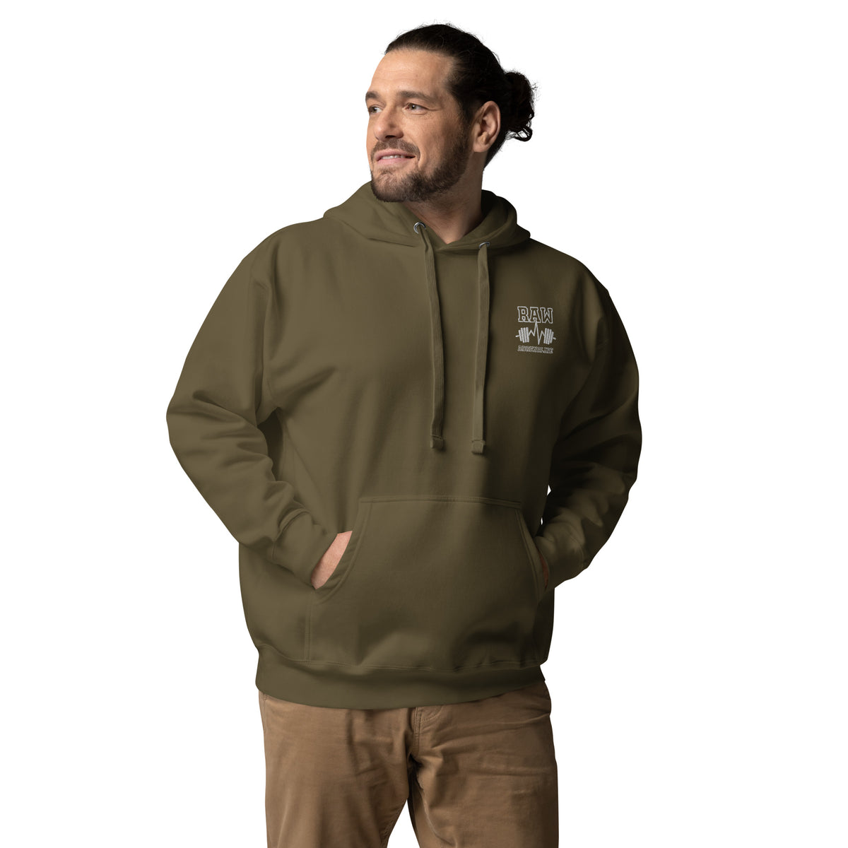 Raw Adrenaline Dumbbell Unisex Hoodie in Military Green, front view