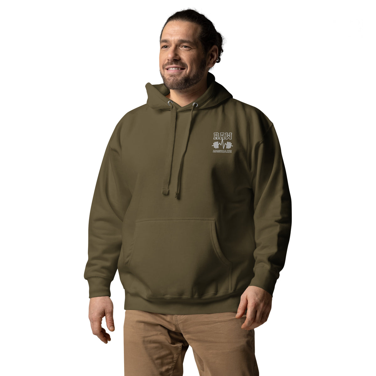 Raw Adrenaline Dumbbell Unisex Hoodie in Military Green, left front view