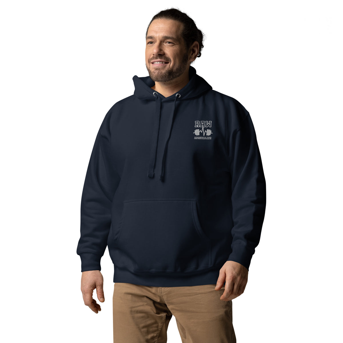 Raw Adrenaline Dumbbell Unisex Hoodie in Navy Blazer, left front view