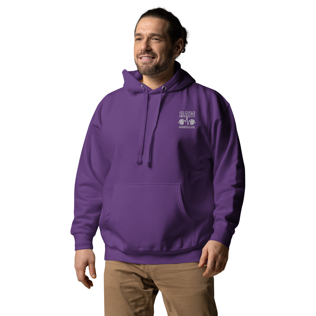 Raw Adrenaline Dumbbell Unisex Hoodie in Purple, left front view