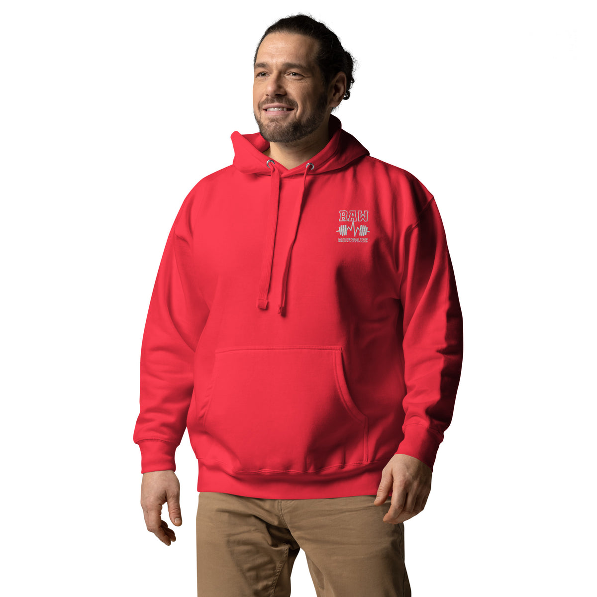 Raw Adrenaline Dumbbell Unisex Hoodie in Team Red, left front view