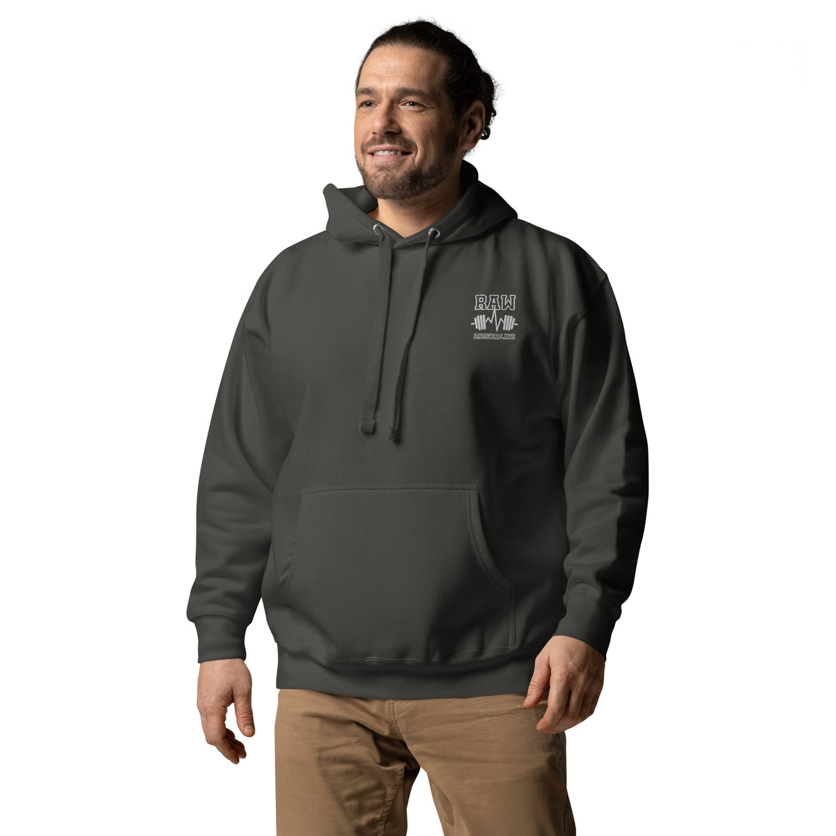 Raw Adrenaline Dumbbell Unisex Hoodie in Vintage Black, left front view
